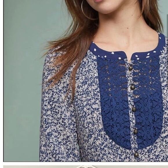 Anthropologie Maeve Navy Blue Hiver Lace Bib Front Blouse Size 4 - Picture 2 of 7
